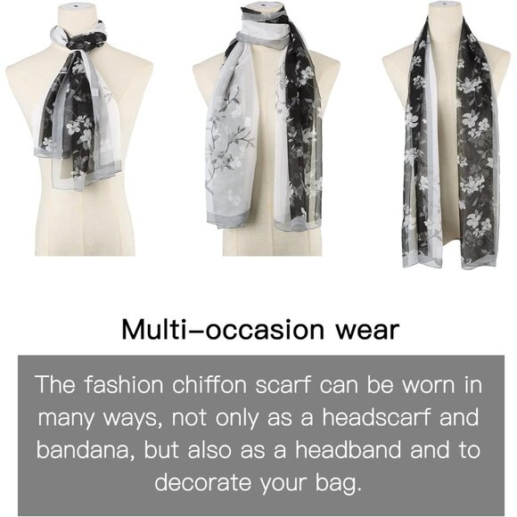 Women's Black+white Fashion Lightweight Head Scarf Floral Print Chiffon Scarves - Picture 4 of 7